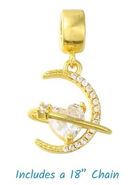 Gold Heart Moon Planet Orbit Pendant Necklace CZ Gem Stainless Steel 18”